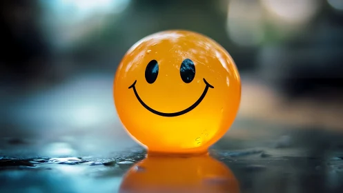 Bright smiley sphere glows softly on a calm reflective surface