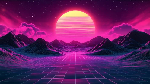 Neon horizon dreams over vaporwave wireframe valleys.
