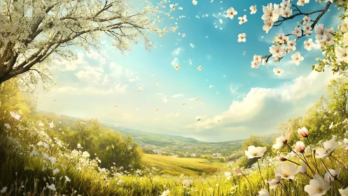 Spring blossoms frame a bright countryside valley vista.