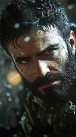 Battle-worn soldier stares forward through drifting sparks