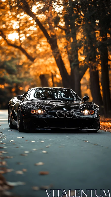 Low-slung black sports coupe under fiery autumn canopy glow.