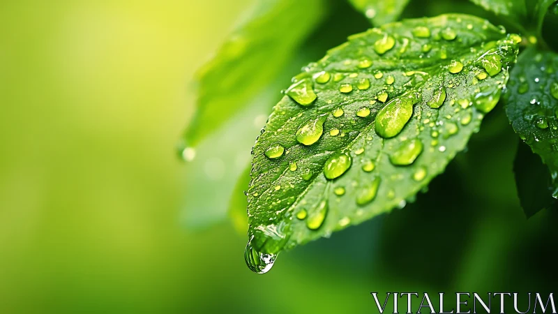 Morning dew on vibrant green leaf in soft macro focus.
