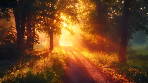 Golden Sunrise Illuminates Forest Path in Serene Landscape Photography.
