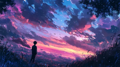 Evening sky welcomes a quiet dreamer into glowing clouds