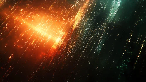 Futuristic digital cityscape with glowing orange and teal lights.