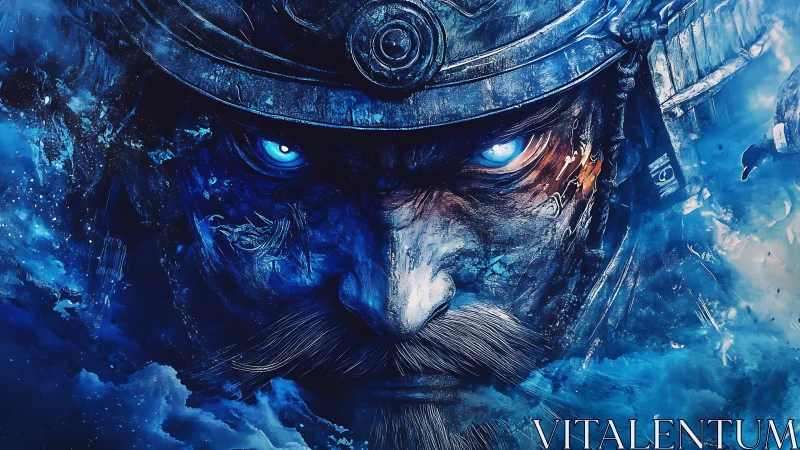 Blue-tinted warrior portrait with glowing eyes in armor.