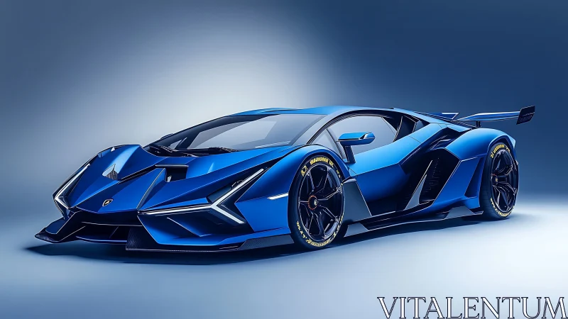 Electric sapphire hypercar prowls a spotlighted cyber stage.