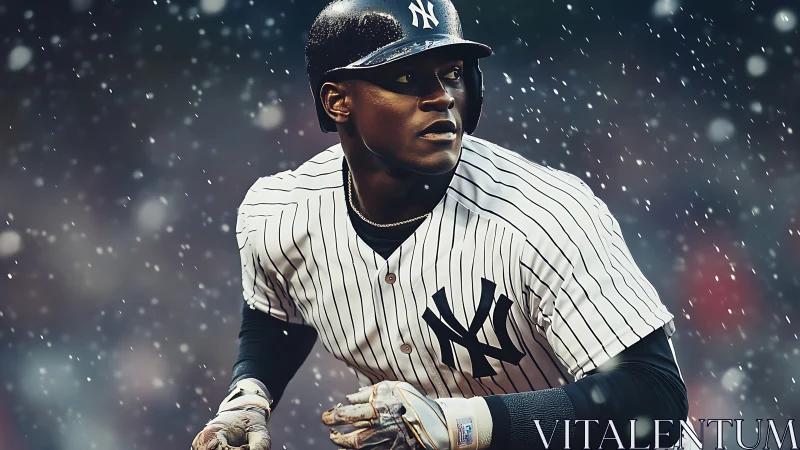 Snowy night baseball player in pinstripes mid-action.