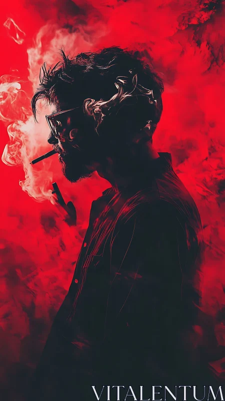 Silhouetted smoker stands in crimson smoke with moody neon glow