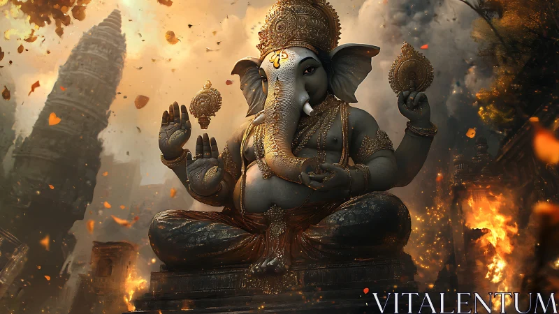 Divine Ganesha statue glows amid burning temple ruins