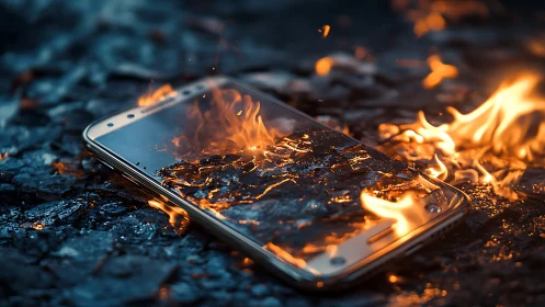 Smartphone Engulfed in Flames Against Dark Textured Ground