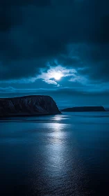 Nocturnal seascape captures moonlit cliffs in cool cyan tones