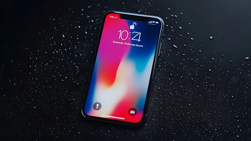 iPhone X with Dynamic OLED Wallpaper on Wet Black Surface