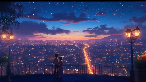 Twilight city overlook with couple framed by glowing lampposts.
