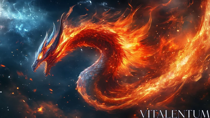 Cosmic fire dragon coils through nebulae in blazing fury.