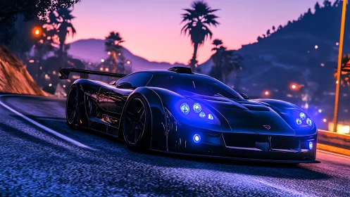 Sleek black sports car on neon lit mountain highway.