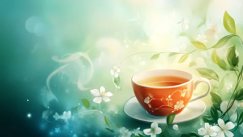 Orange floral teacup with green foliage and soft bokeh.