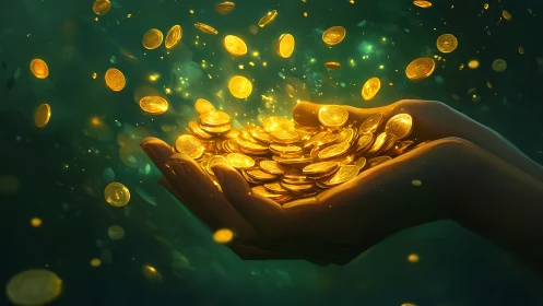 Glowing gold coins spilling from cupped hands in darkness.