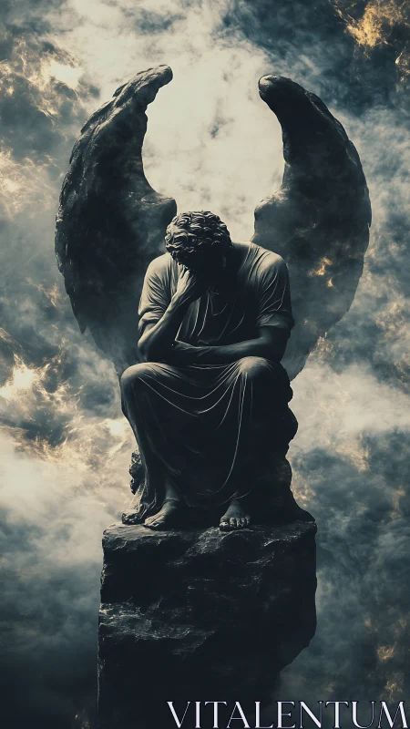 Melancholic winged statue on jagged pedestal amid storm clouds.