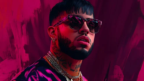 Stylized portrait of tattooed man with sunglasses on magenta