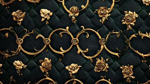 Gold floral scrollwork on dark quilted textile surface.