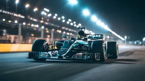 Hybrid Formula race car under floodlit night street circuit