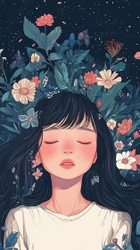 Dreaming girl lies in nocturnal garden of wildflowers.