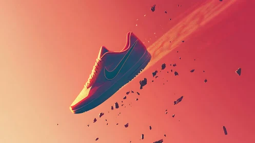 Rocket-sneaker comet streaking through neon peach sky.