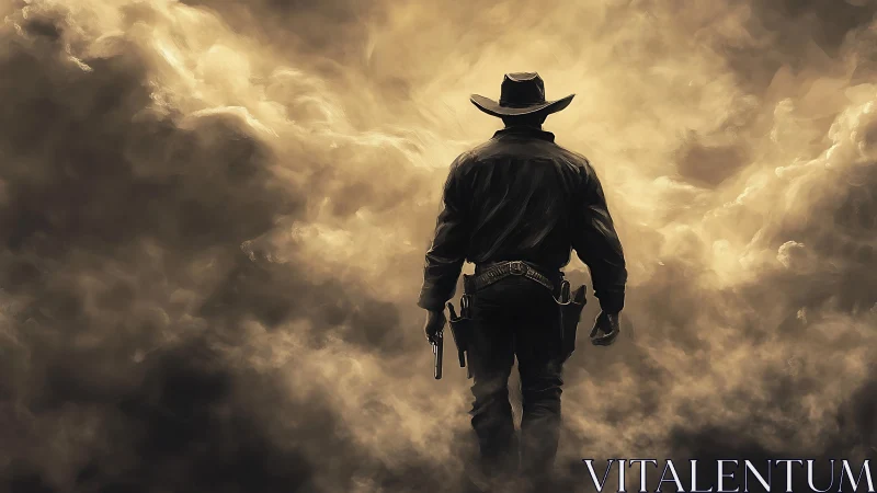 Backlit gunslinger silhouette strides into turbulent sepia storm