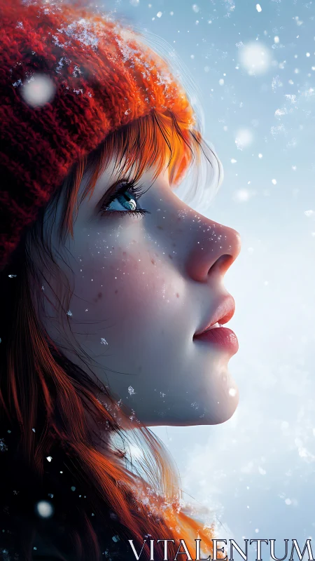 Side profile of red haired person in falling winter snow.