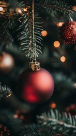 Warm red ornament glows softly on a cozy Christmas tree