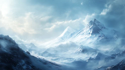 Moonlit frost kingdom under soaring silver-blue skies.