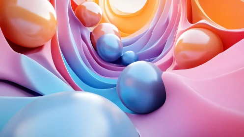 Parametric pastel spheres sliding along smooth spline-sculpted waves