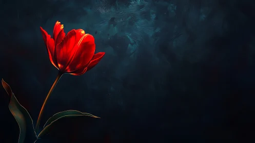 Single red tulip on dark textured digital background.
