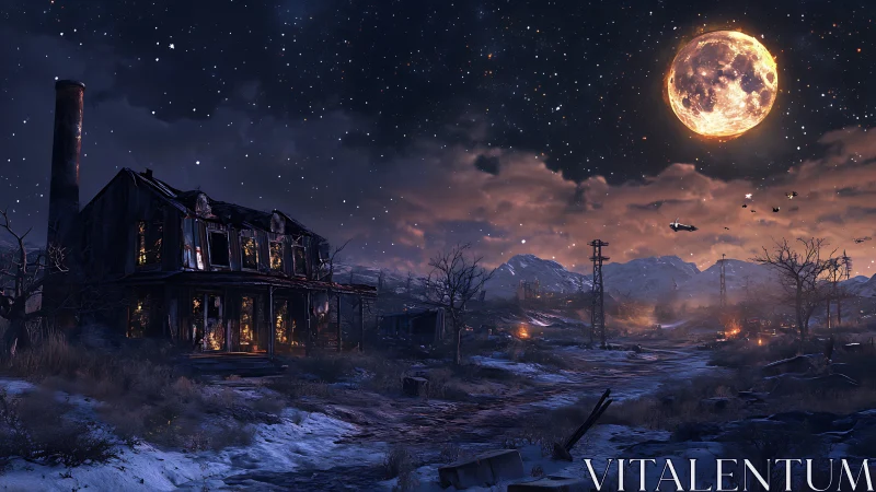 Moonlit wasteland farmhouse smolders under a haunted sky.