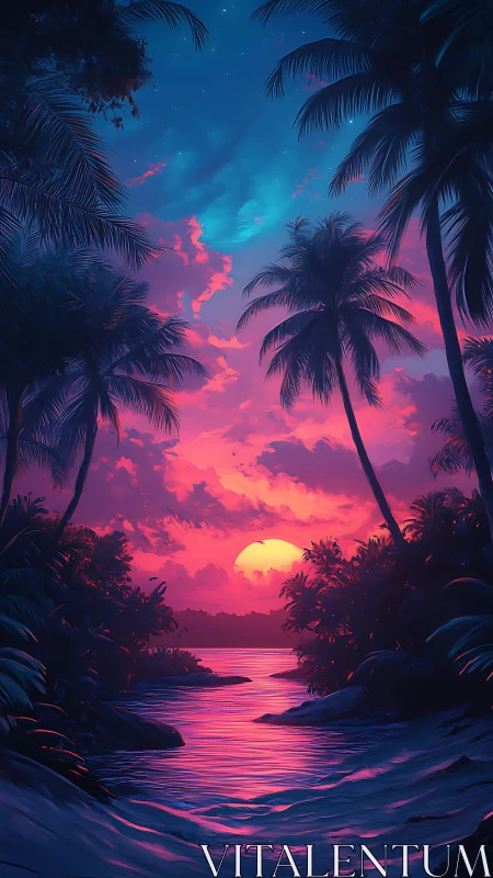 Neon-lit tropical lagoon sunset with saturated cyan-magenta sky gradients