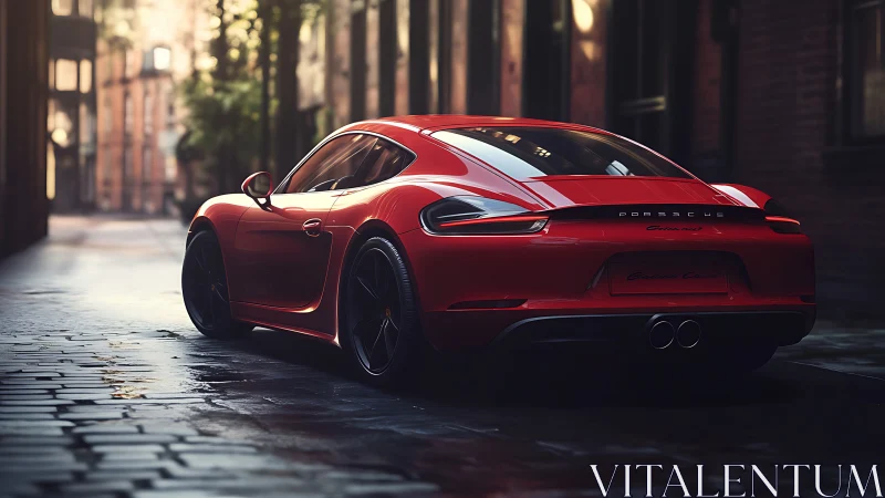 Rear-quarter view of red sports coupe on wet cobblestone street