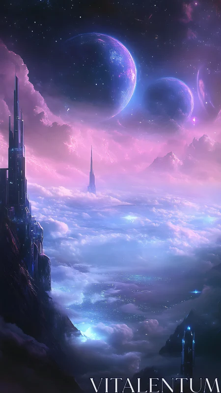 Vertical nebula skyline with luminous exoplanetary horizons.