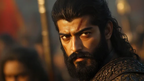 Battle-hardened warrior in shallow depth, directional rim lighting