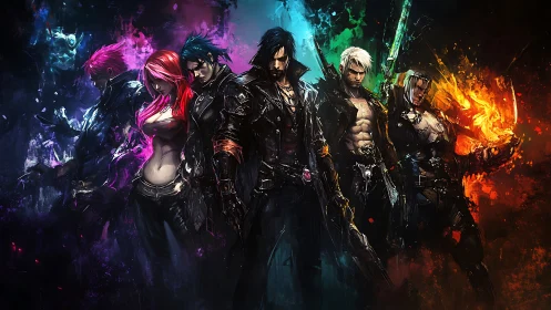 Cyberpunk warrior squad with elemental neon energy spectrum.