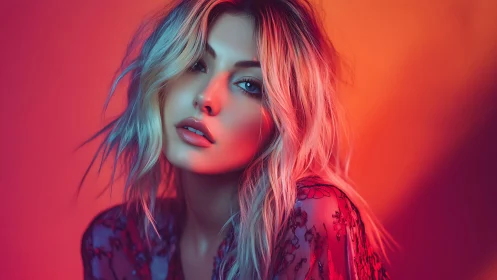 Soft neon portrait in sunset pinks and electric oranges.