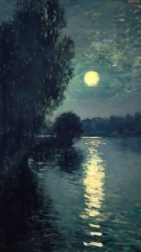 Moonlit river reflection beneath deep indigo foliage.