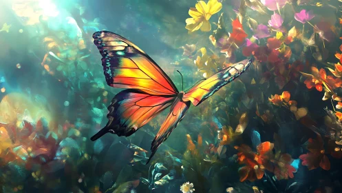 Radiant butterfly glides through luminous enchanted garden.