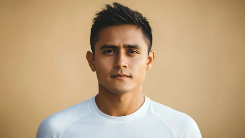 Symmetrical male portrait under soft frontal diffusion lighting.