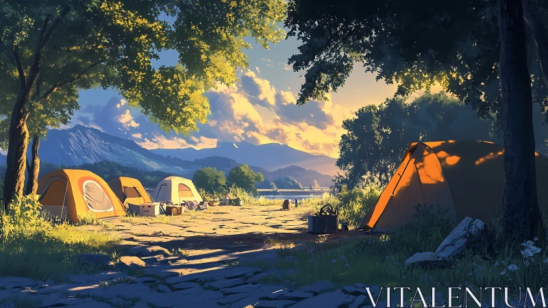 Golden lakeside campsite glowing in gentle evening light.