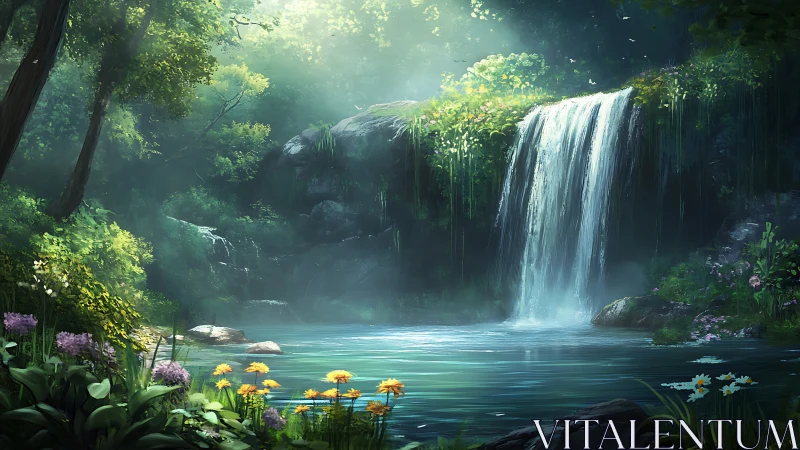 Peaceful forest waterfall and sunlit wildflower pool.