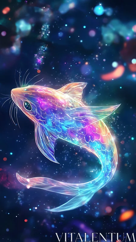 Starlit rainbow koi glides gently through a dreamy cosmic sea