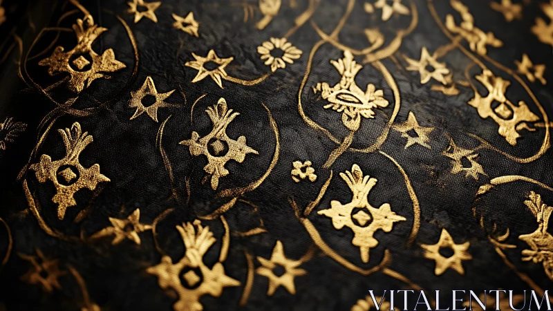 Ornate gold floral damask pattern shimmers across black fabric