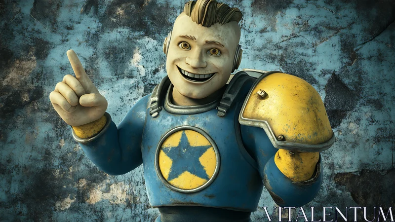 Grinning wasteland mascot in scuffed blue star armor.