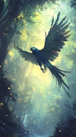 Macaw flies through misty forest with backlit foliage
